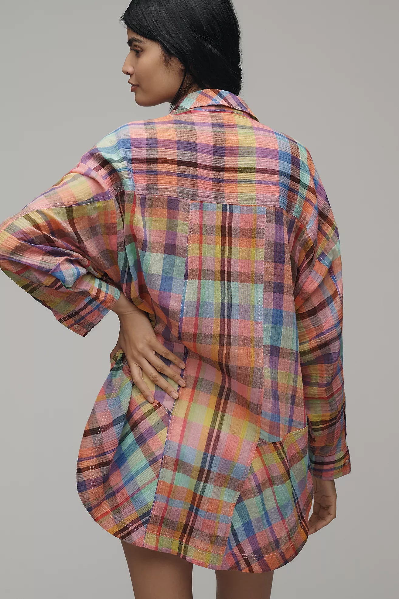 Pilcro Long-Sleeve Mixed Madras Plaid Oversized Buttondown Shirt