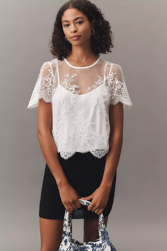 By Anthropologie Short-Sleeve Sheer Lace Top