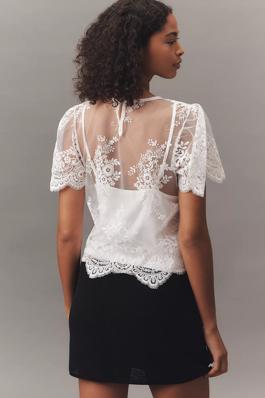 By Anthropologie Short-Sleeve Sheer Lace Top