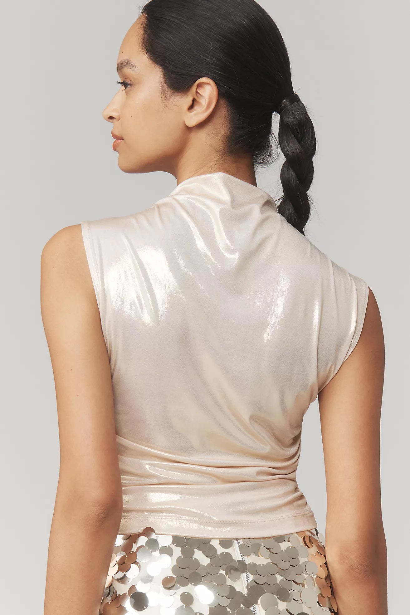 Maeve Mock-Neck Ruched Shine Tank