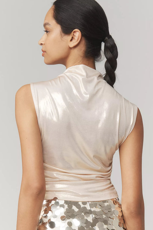 Maeve Mock-Neck Ruched Shine Tank