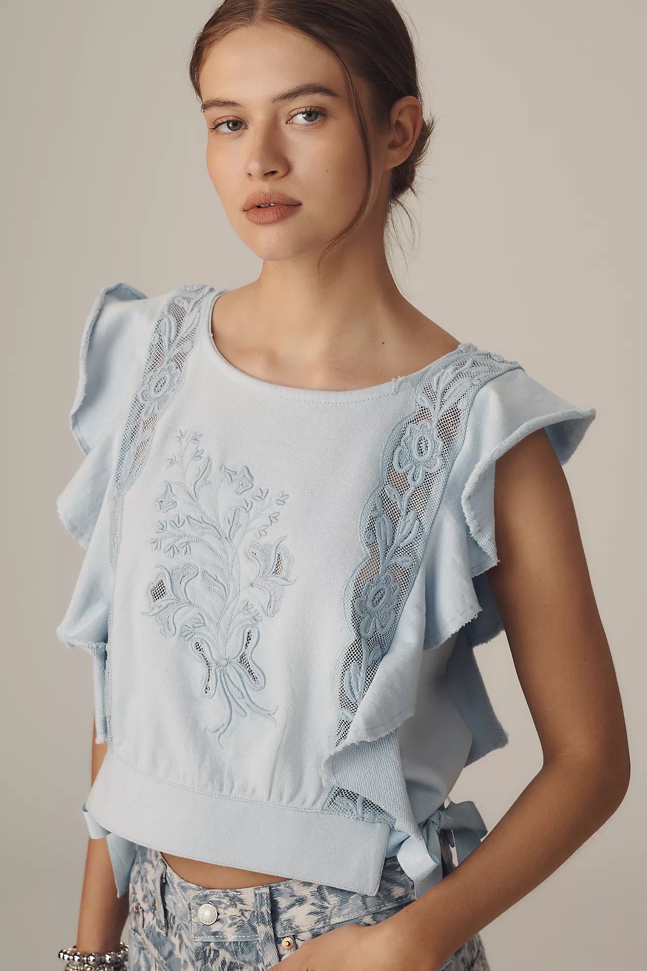 By Anthropologie Flutter-Sleeve Lace-Detail Top