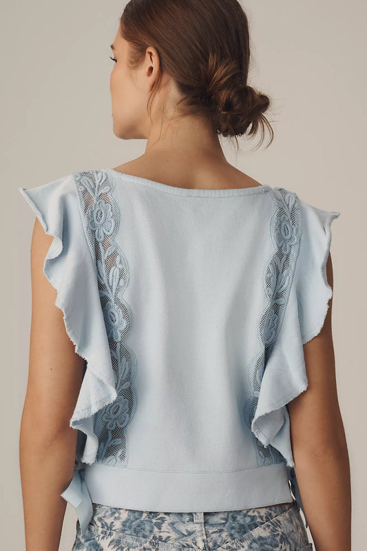 By Anthropologie Flutter-Sleeve Lace-Detail Top