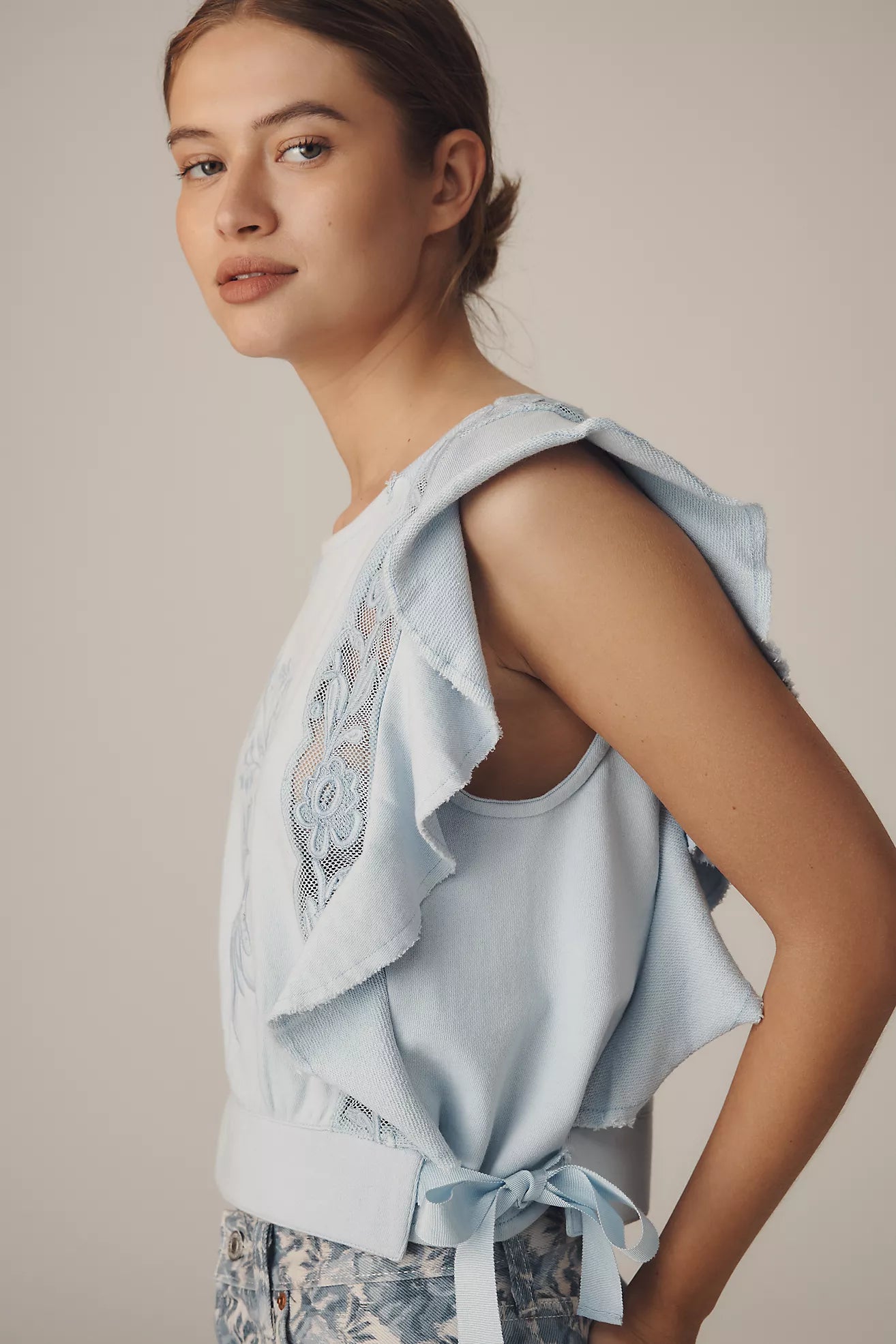 By Anthropologie Flutter-Sleeve Lace-Detail Top