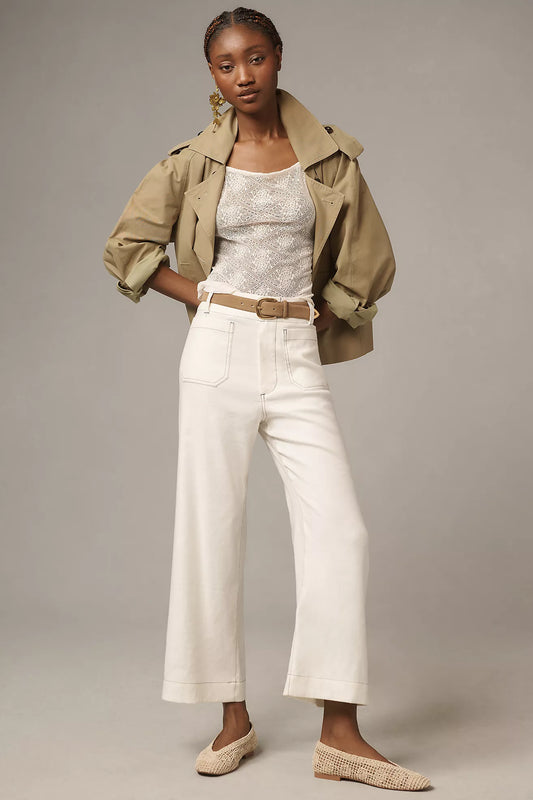 The Colette Contrast-Stitch Linen Crop Wide-Leg Pants by Maeve
