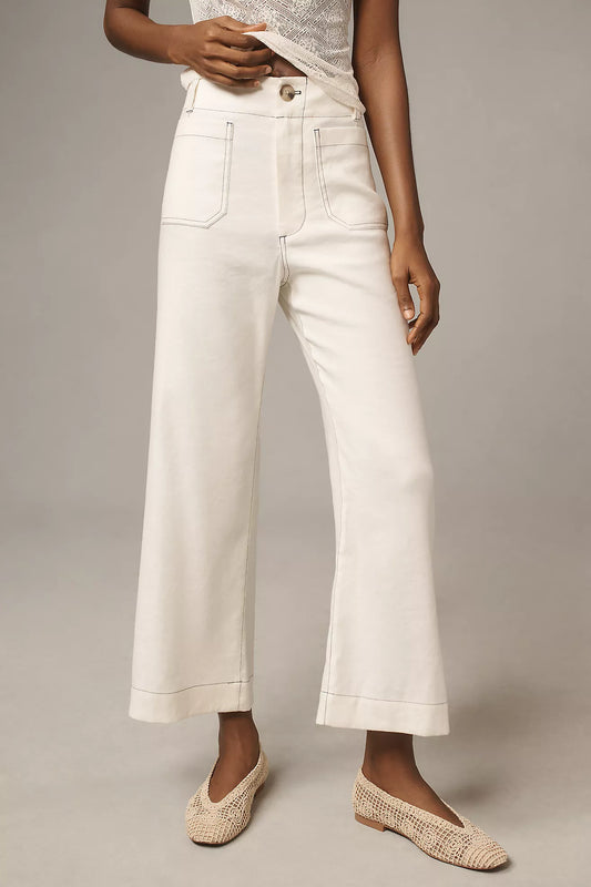 The Colette Contrast-Stitch Linen Crop Wide-Leg Pants by Maeve
