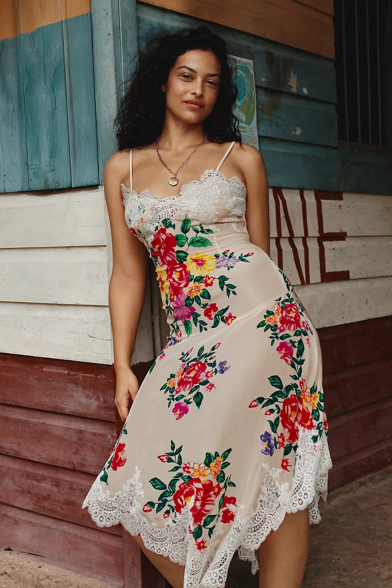 By Anthropologie Sleeveless V-Neck Lace Slip Midi Dress