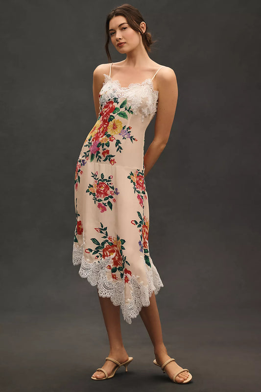By Anthropologie Sleeveless V-Neck Lace Slip Midi Dress