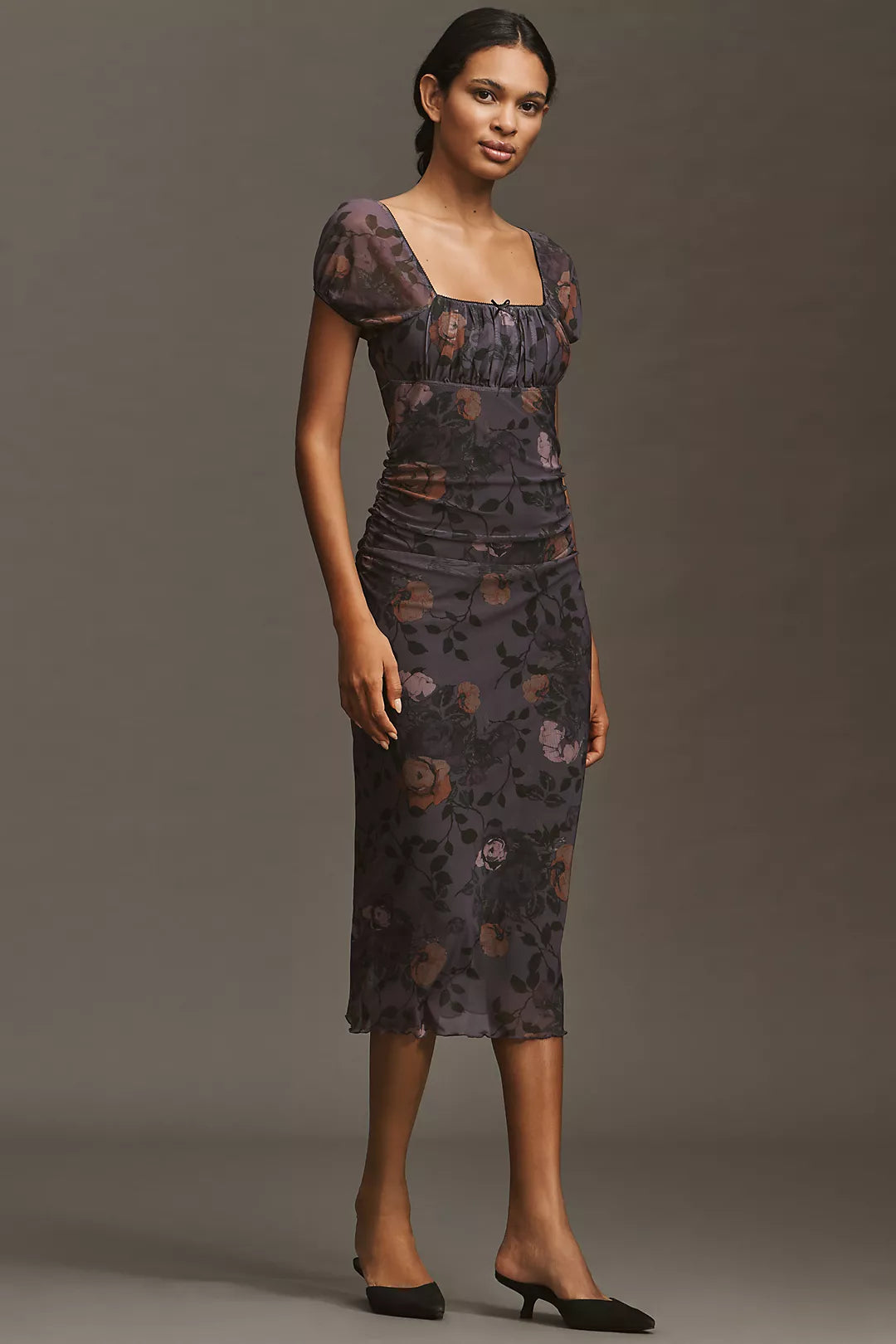 Maeve Puff-Sleeve Square-Neck Mesh Midi Dress