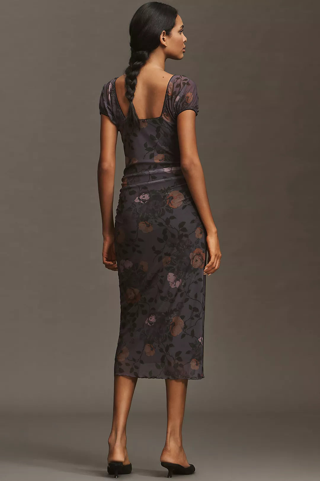 Maeve Puff-Sleeve Square-Neck Mesh Midi Dress