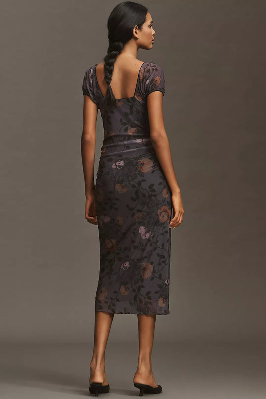 Maeve Puff-Sleeve Square-Neck Mesh Midi Dress