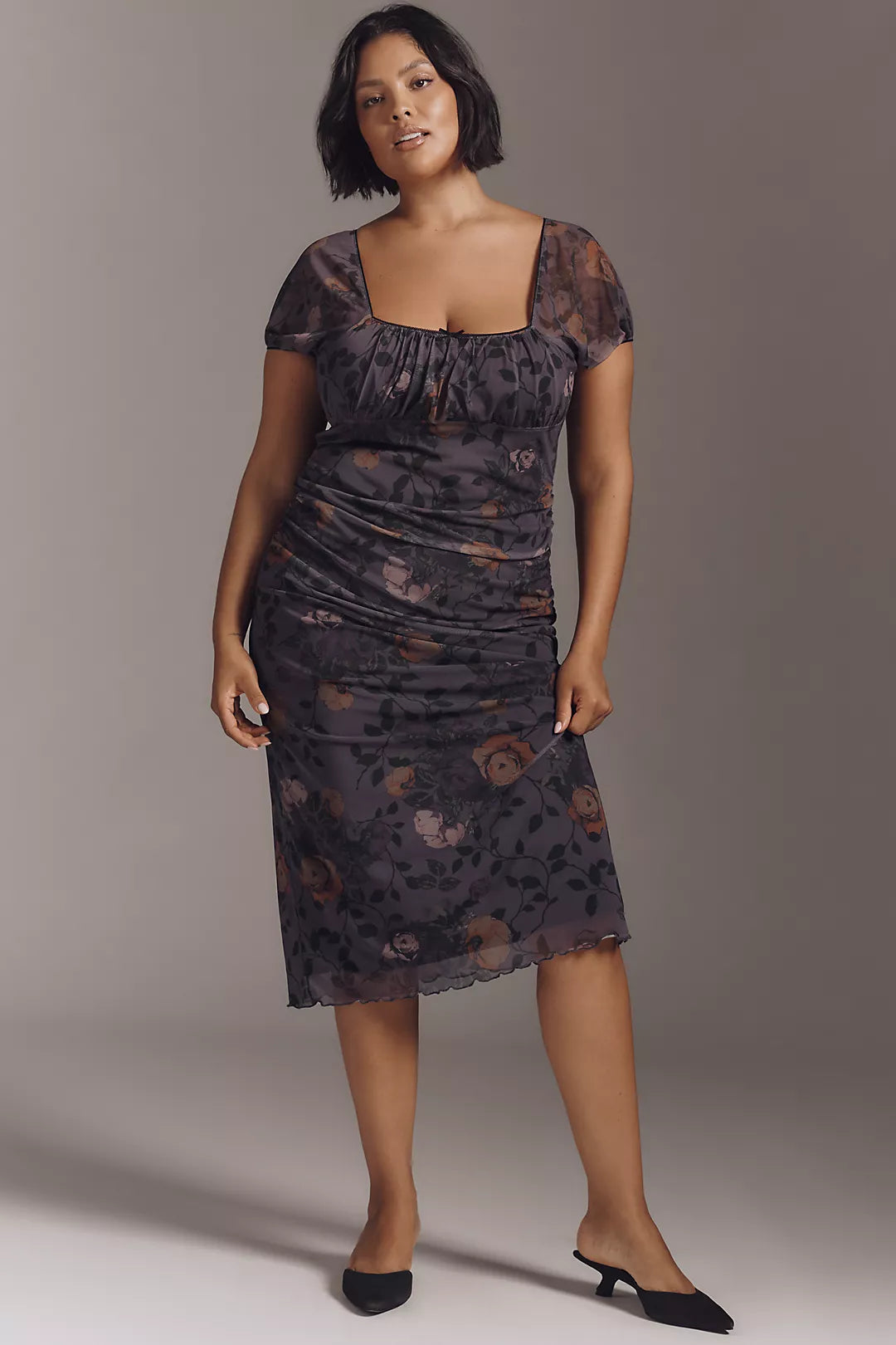 Maeve Puff-Sleeve Square-Neck Mesh Midi Dress