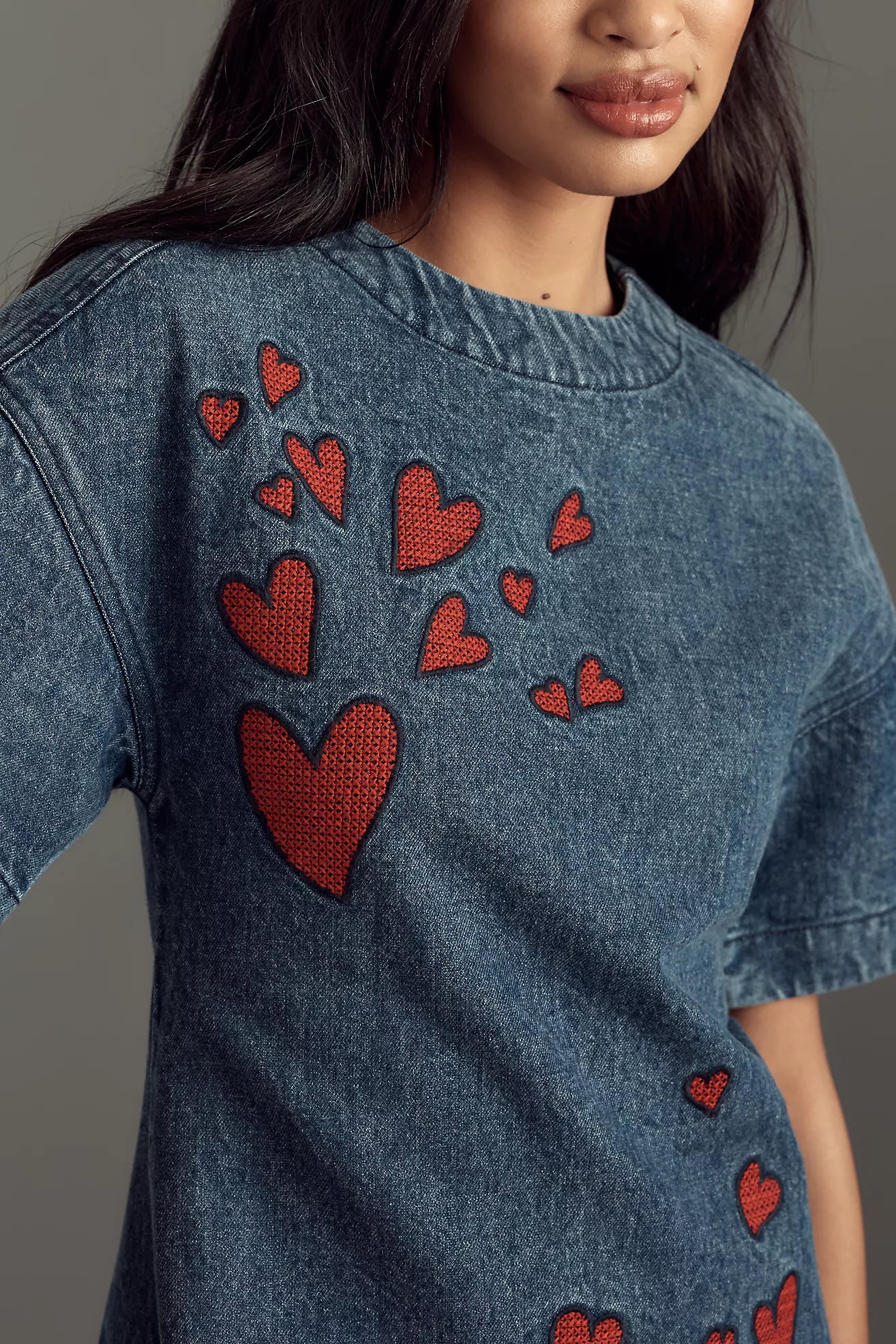 Dhruv Kapoor Short-Sleeve Embroidered Heart Denim Mini Dress