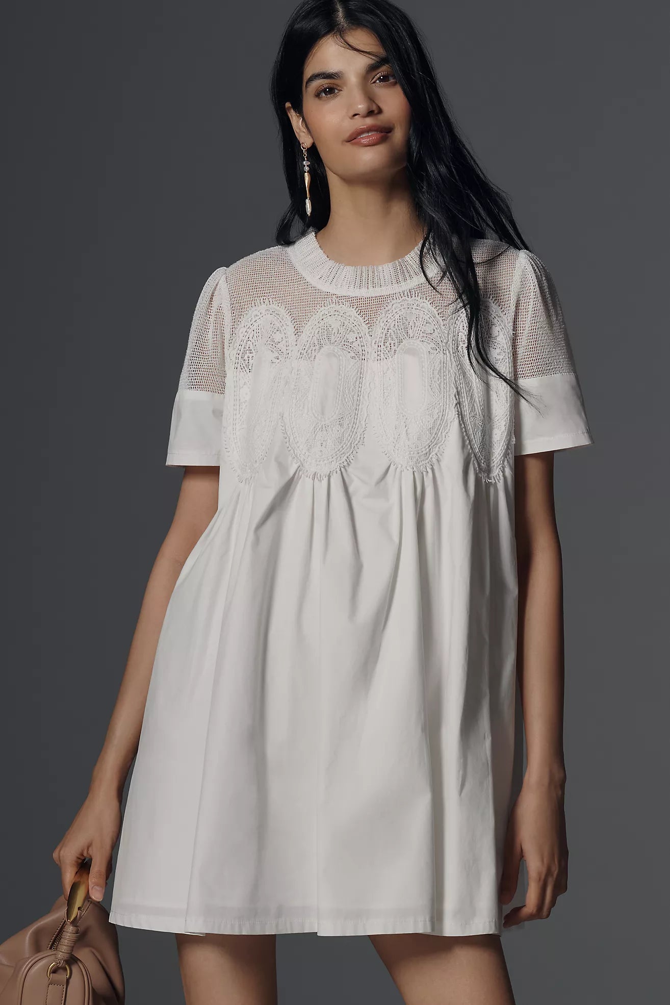 En Elly Lace Short-Sleeve Mini Babydoll Dress