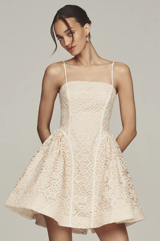 By Anthropologie Lace Basque-Waist Mini Dress