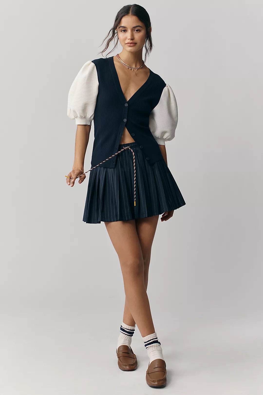 Maeve Puffed Short-Sleeve V-Neck Cardigan Sweater