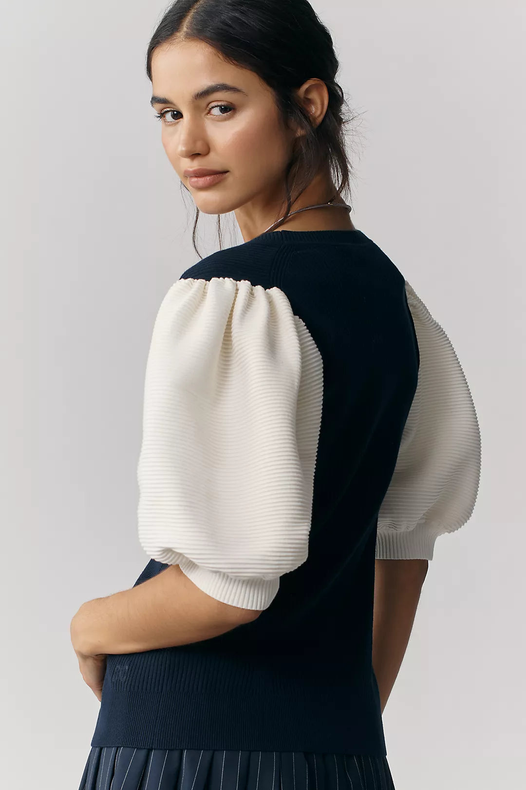 Maeve Puffed Short-Sleeve V-Neck Cardigan Sweater