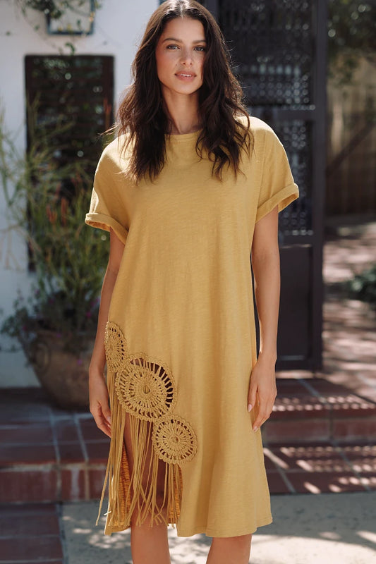 Celandine Short-Sleeve Embellished Side Slit Midi Dress