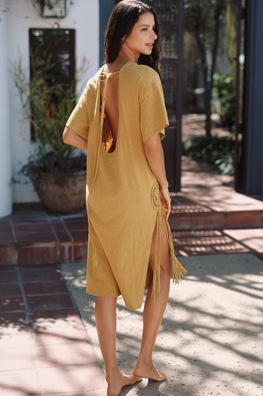 Celandine Short-Sleeve Embellished Side Slit Midi Dress