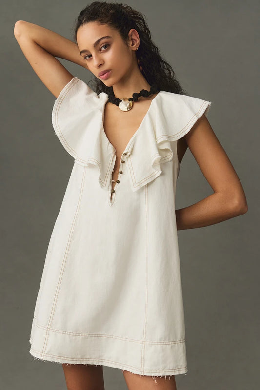 Pilcro V-Neck Ruffle Denim Mini Dress