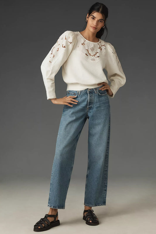 By Anthropologie Lace Cutwork Mutton-Sleeve Top