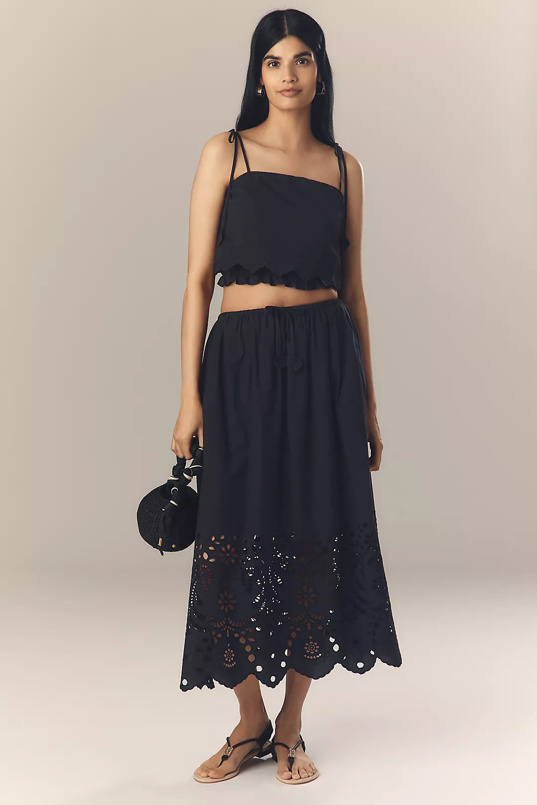 En Saison Delilah Tie-Strap Scallop-Hem Tank Top