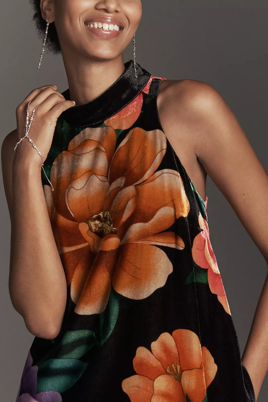 Farm Rio x Anthropologie Mock-Neck Printed Velvet Midi Dress
