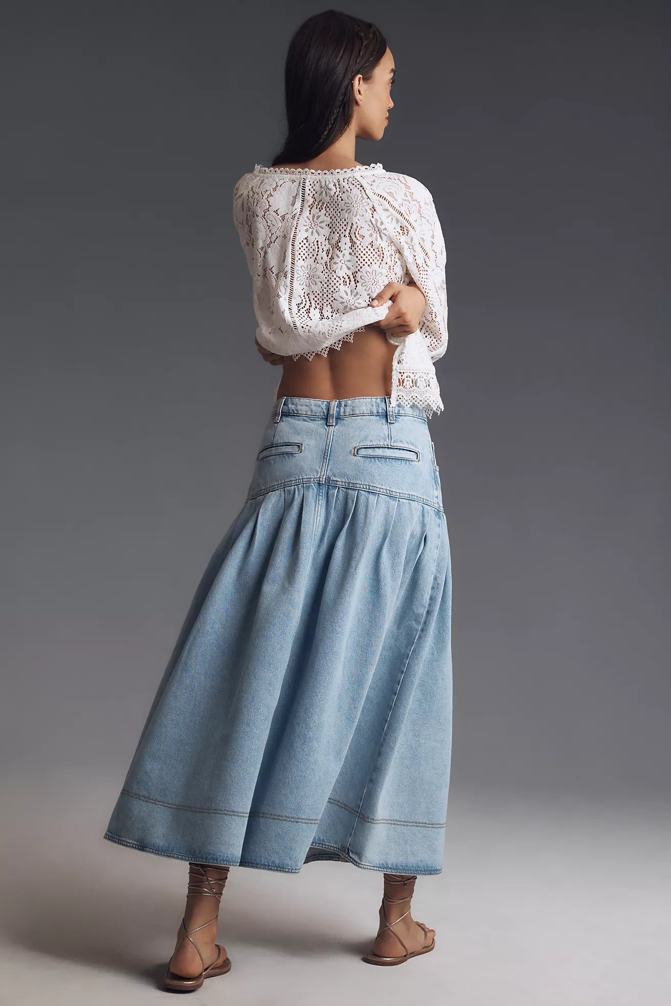 Pilcro Pleated Basque-Waist Denim Midi Skirt