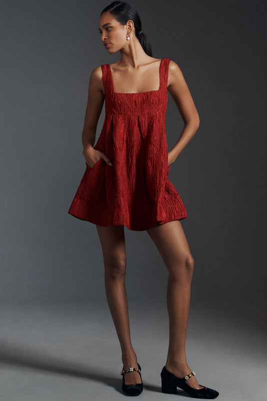 Maeve Sleeveless Square-Neck Textured Babydoll Mini Dress