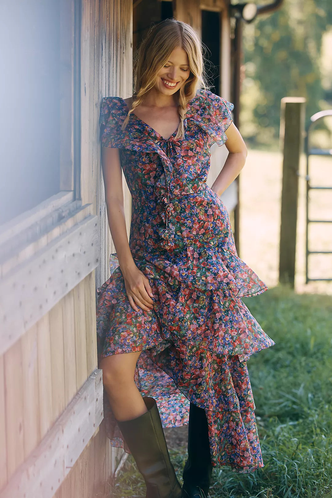 En Saison Naomi Short-Sleeve V-Neck Ruffled Maxi Dress