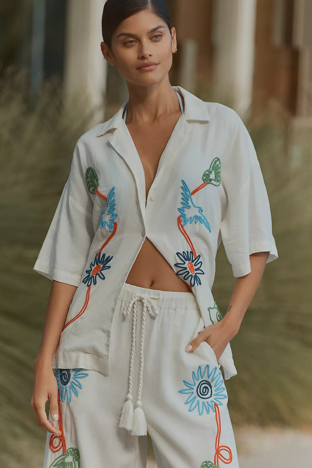 Celandine Linen Blend Embroidered Short-Sleeve Buttondown Shirt