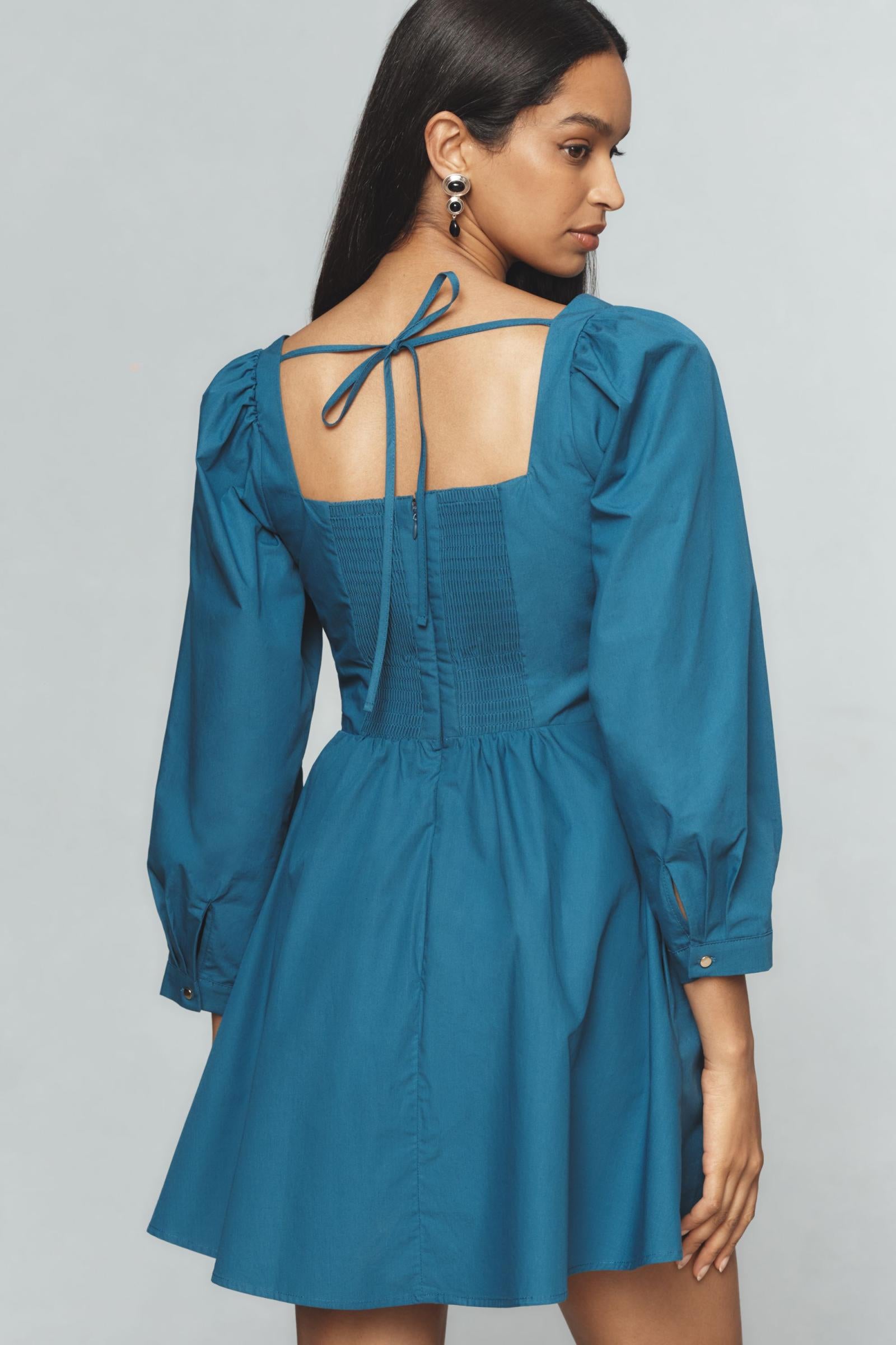 By Anthropologie Long-Sleeve Square-Neck Poplin Mini Dress