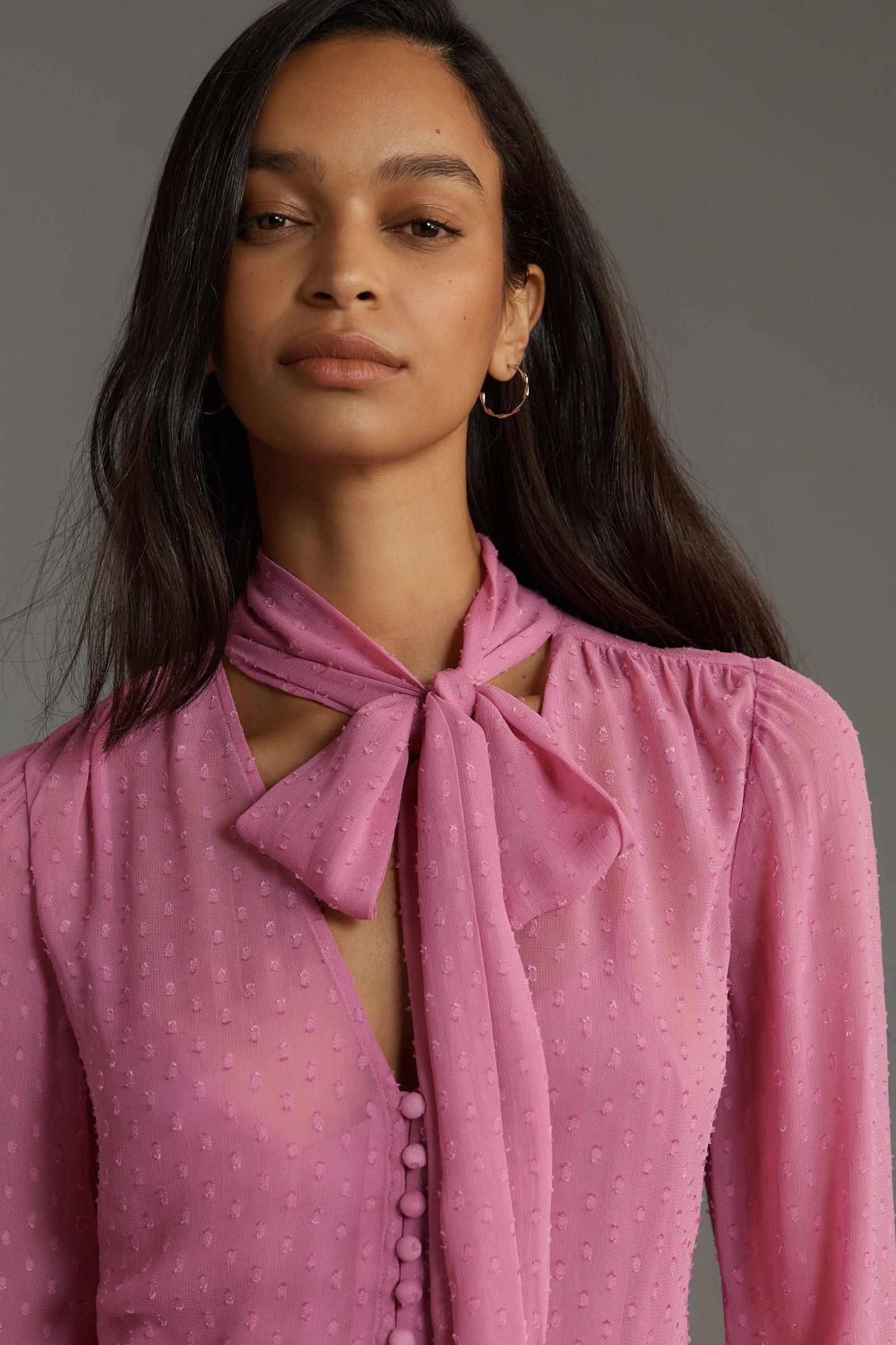 By Anthropologie Long-Sleeve Tie-Neck Swing Mini Dress