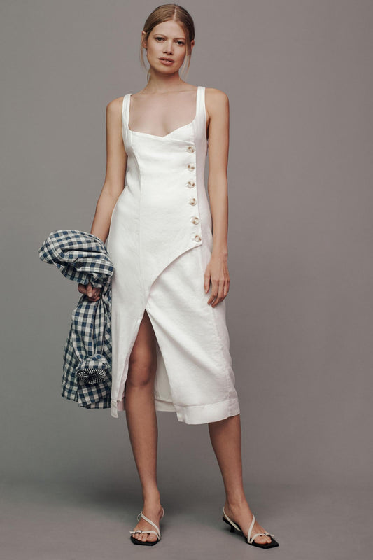 By Anthropologie Sleeveless Square-Neck Linen Button Wrap Midi Dress
