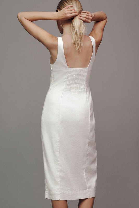 By Anthropologie Sleeveless Square-Neck Linen Button Wrap Midi Dress