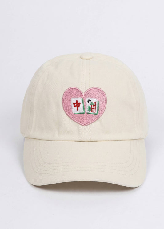 MAHJONG Heart Tiles Embroidered Baseball Cap: Beige