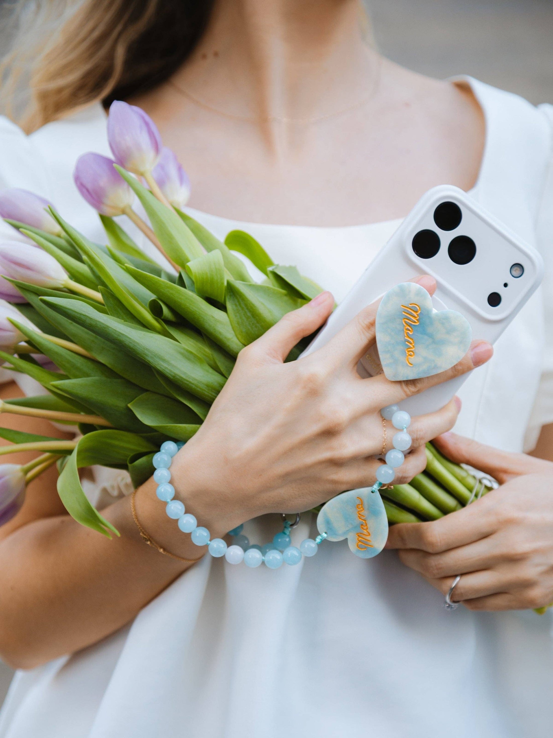 Hand-painted Mama Heart Bracelet Phone Chain: Baby Blue