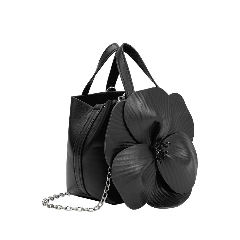 Monroe Black Flower Vegan Leather Top Handle Bag